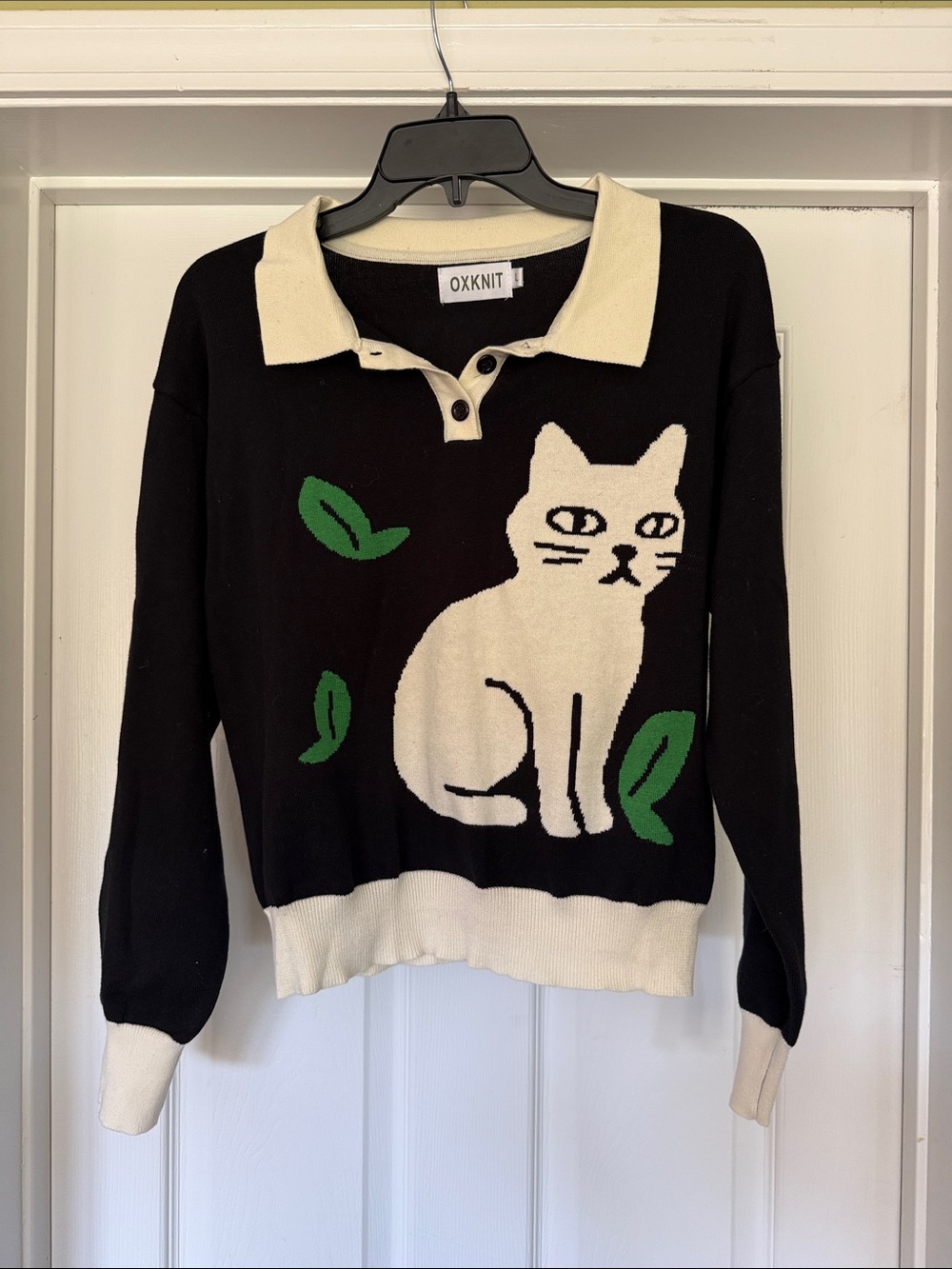OXKNIT Cat Graphic Knit Polo Sweater Cropped Black White Size L